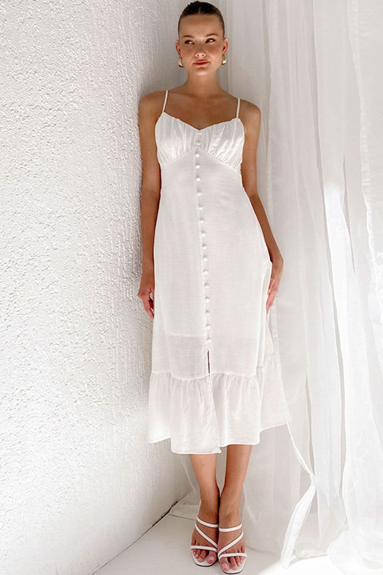 Sweetheart Spaghetti Strap Button Down Ruffle Hem Linen Midi Dress