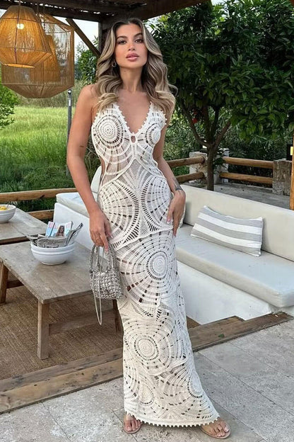 Crochet Circle Motif Deep V-Neck Sleeveless Open Knit Maxi Dress