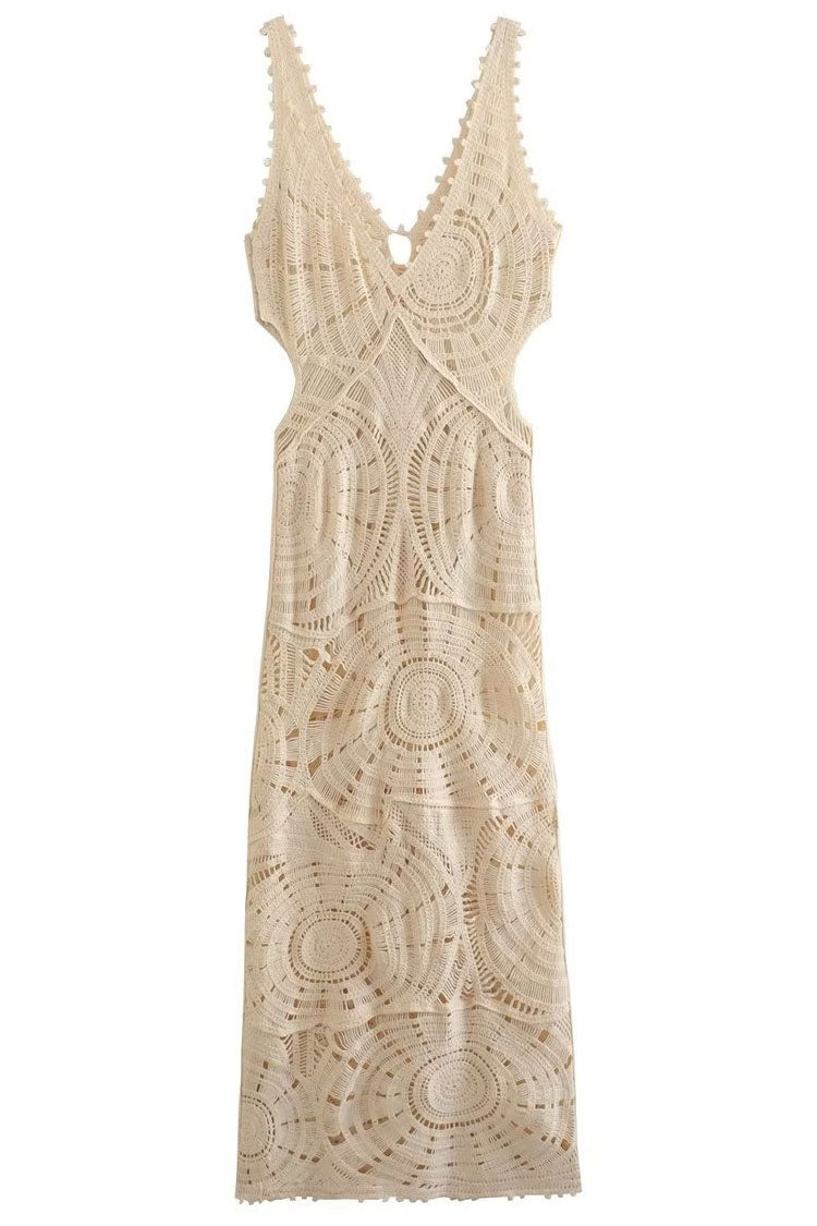Crochet Circle Motif Deep V-Neck Sleeveless Open Knit Maxi Dress