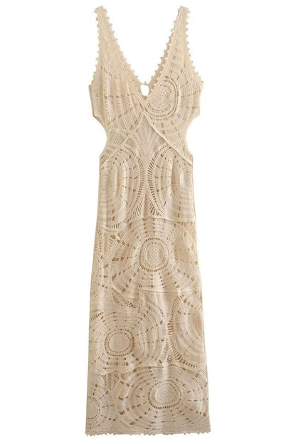 Crochet Circle Motif Deep V-Neck Sleeveless Open Knit Maxi Dress
