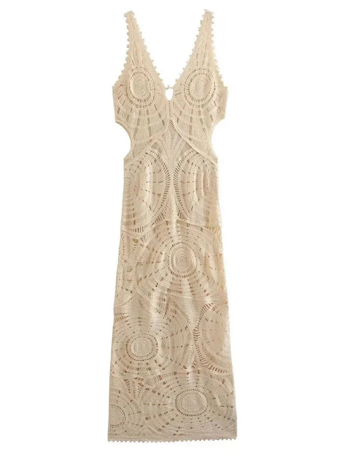 Crochet Hollow V neck Backless Maxi Dress