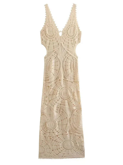 Crochet Hollow V neck Backless Maxi Dress