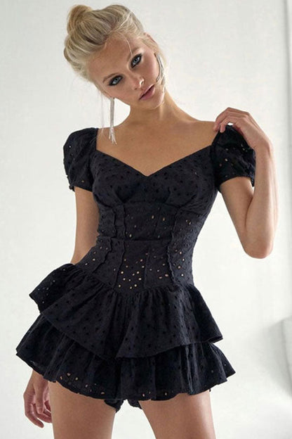 Sweetheart Neck Puff Sleeve Broderie Anglaise Corset Tiered Ruffle Mini Dress