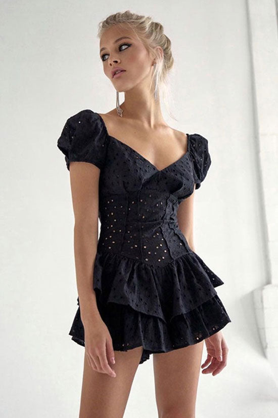 Sweetheart Neck Puff Sleeve Broderie Anglaise Corset Tiered Ruffle Mini Dress