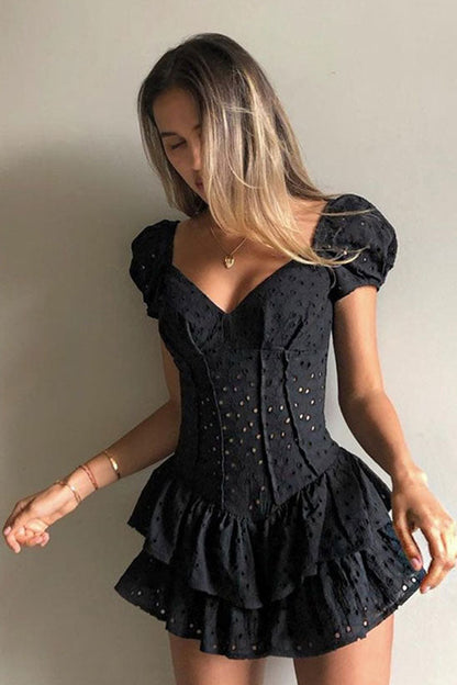 Sweetheart Neck Puff Sleeve Broderie Anglaise Corset Tiered Ruffle Mini Dress