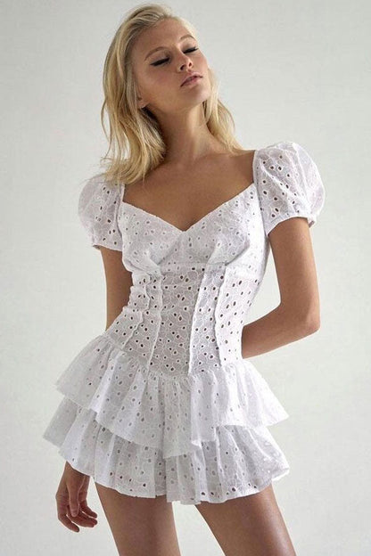 Broderie Anglaise Sweetheart Puff Sleeve Corset Tiered Ruffle Mini Dress
