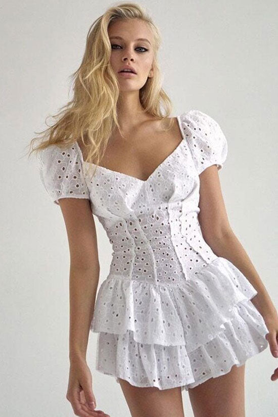 Broderie Anglaise Sweetheart Puff Sleeve Corset Tiered Ruffle Mini Dress