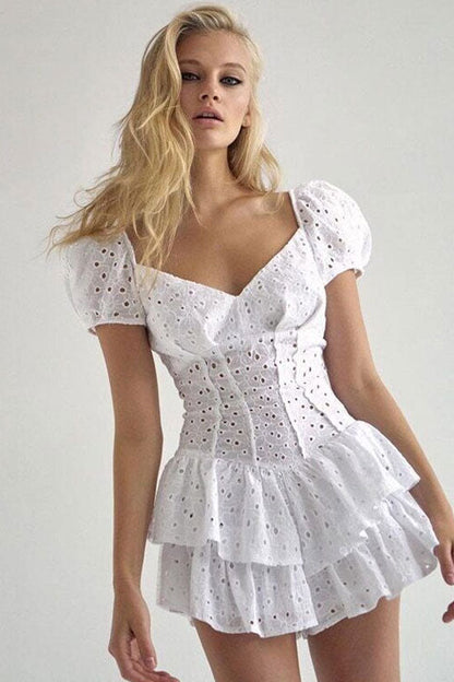 Broderie Anglaise Sweetheart Puff Sleeve Corset Tiered Ruffle Mini Dress