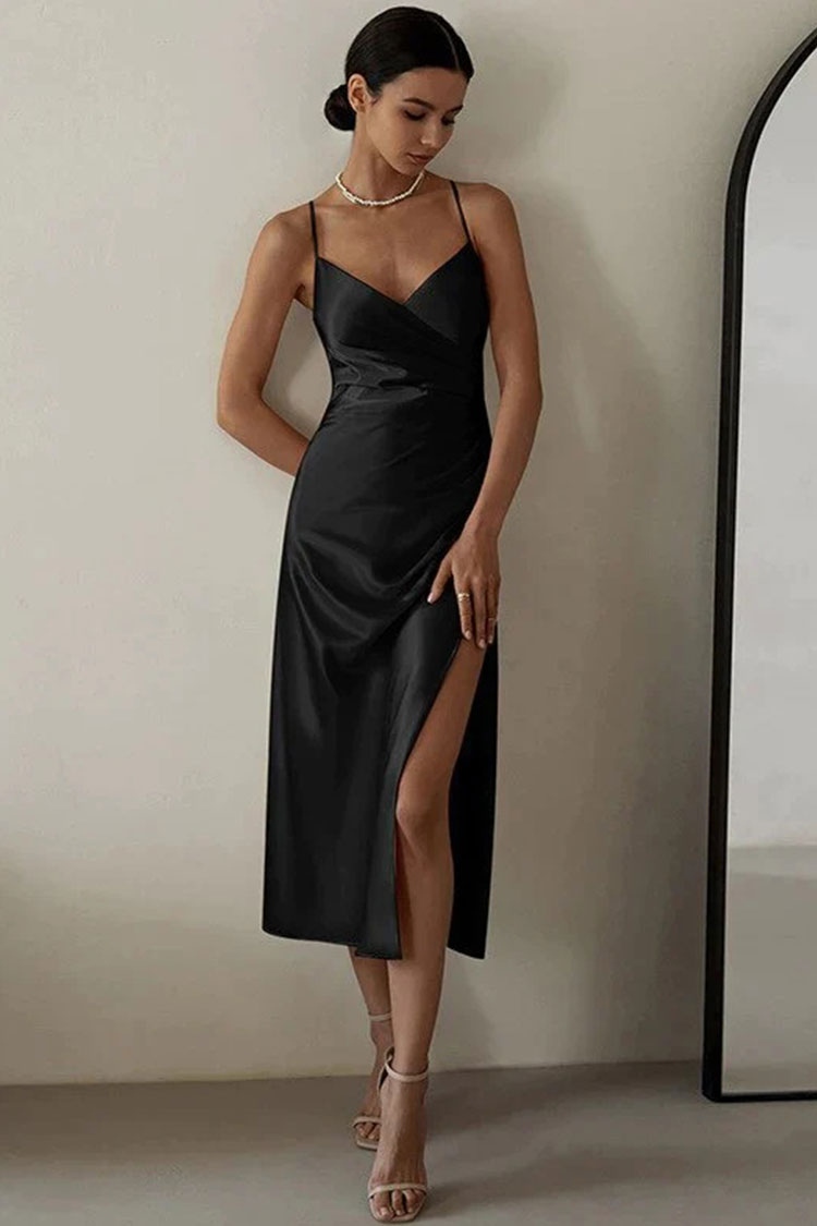 Satin Deep V-Neck Wrap Ruched Side High Slit Midi Dress