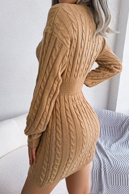 Deep V-Neck Cable Knit Rib Waist Bodycon Sweater Mini Dress