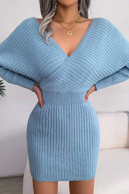 Wrap V-Neck Rib Knit Bishop Sleeve Bodycon Sweater Mini Dress
