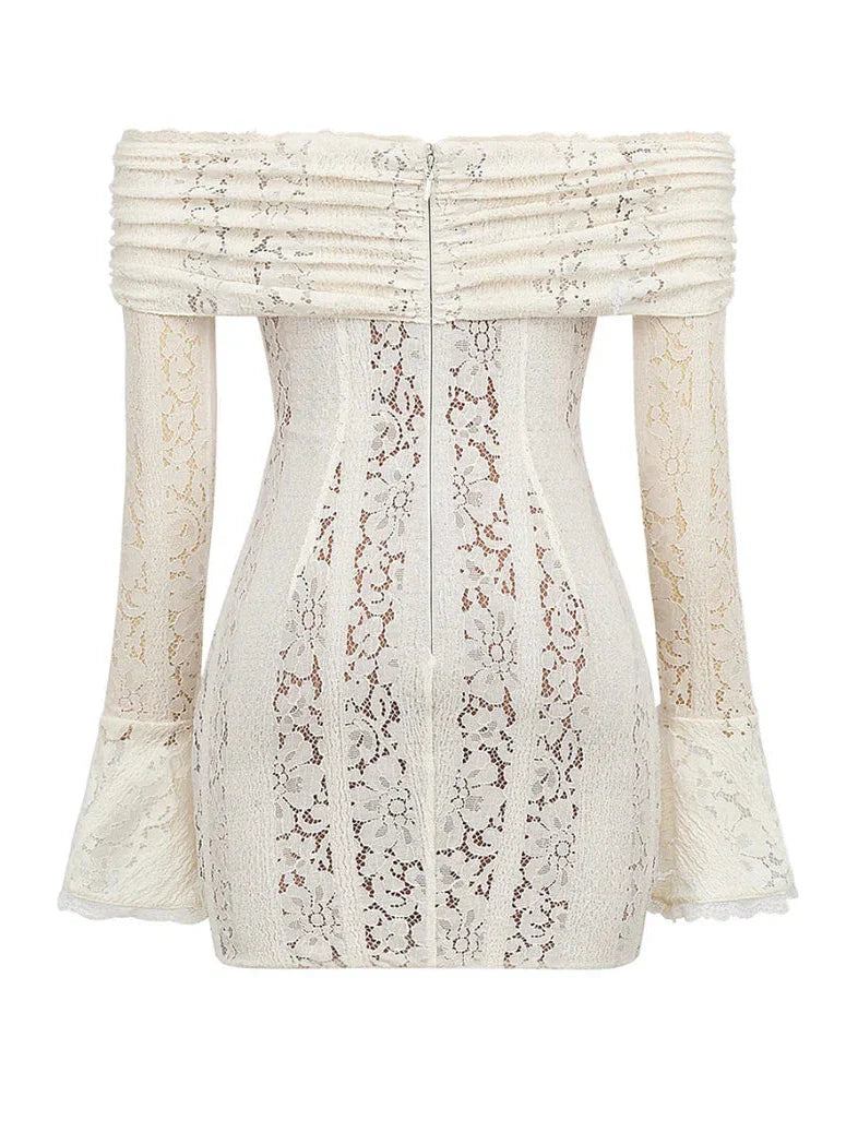 Off Shoulder Bell Sleeves Floral Lace Short Dress