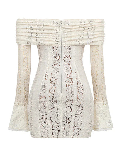 Off Shoulder Bell Sleeves Floral Lace Short Dress