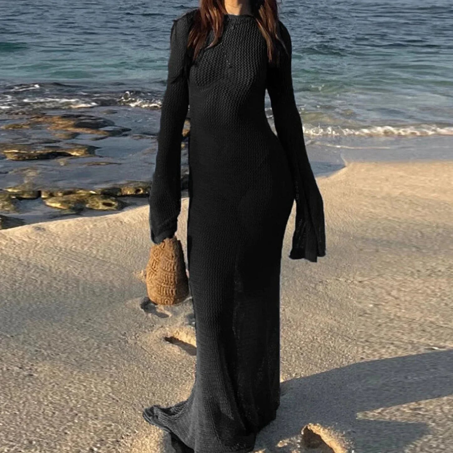 Sheer Backless Long Sleeve Cover Up