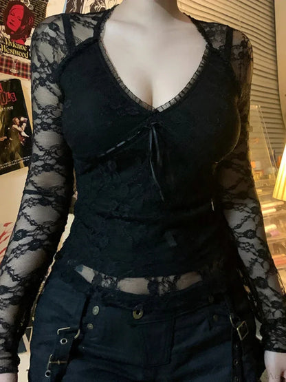 Sheer Lace V-neck Knit Top