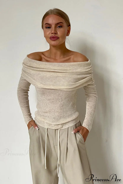 Sheer Off-Shoulder Fitted Solid Pullover Knit Top