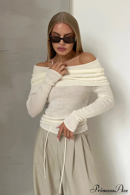 Sheer Off-Shoulder Fitted Solid Pullover Knit Top