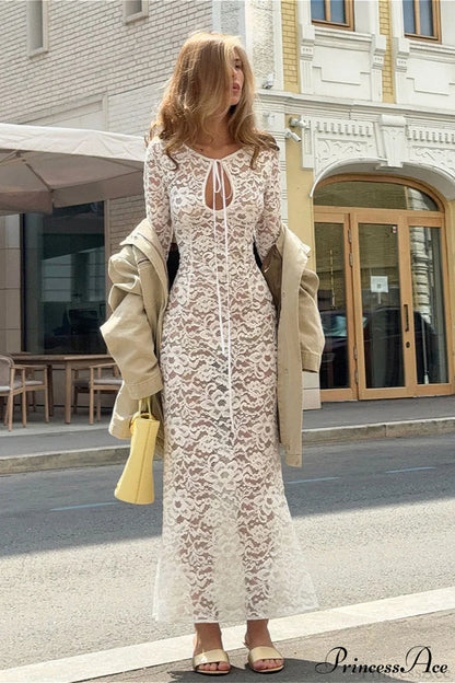 Sheer Round Neck Lace Long Sleeve Elegant Maxi Dress
