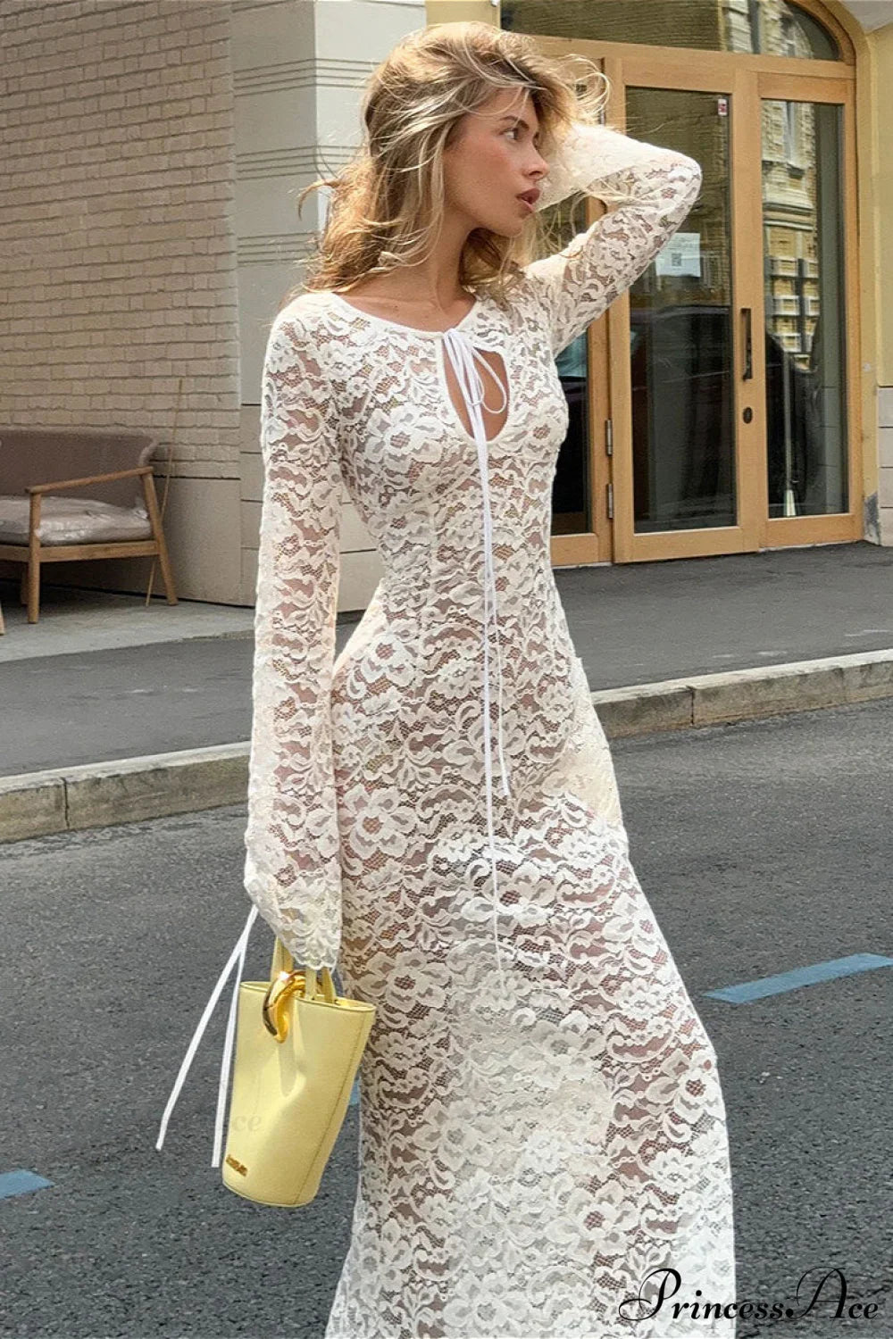 Sheer Round Neck Lace Long Sleeve Elegant Maxi Dress