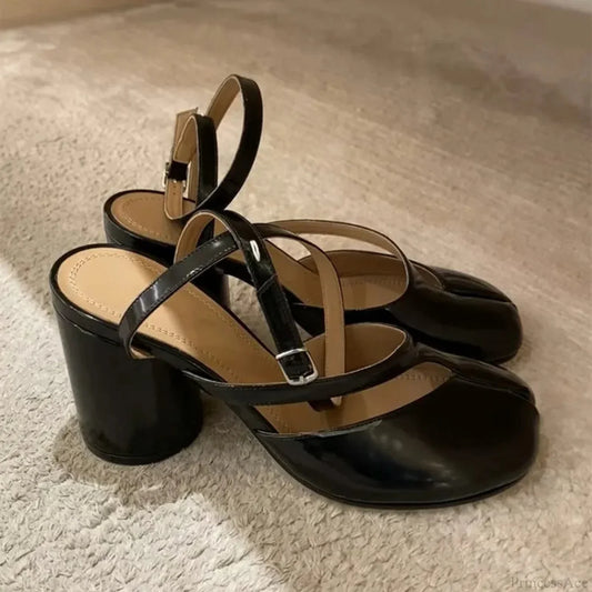 Shiny Leather Slingback Dark High Heel