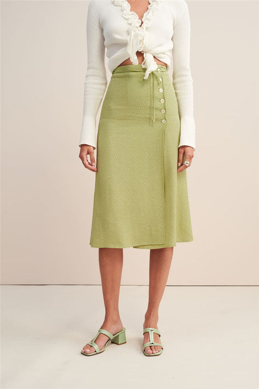 Silk Print Midi Skirt Green