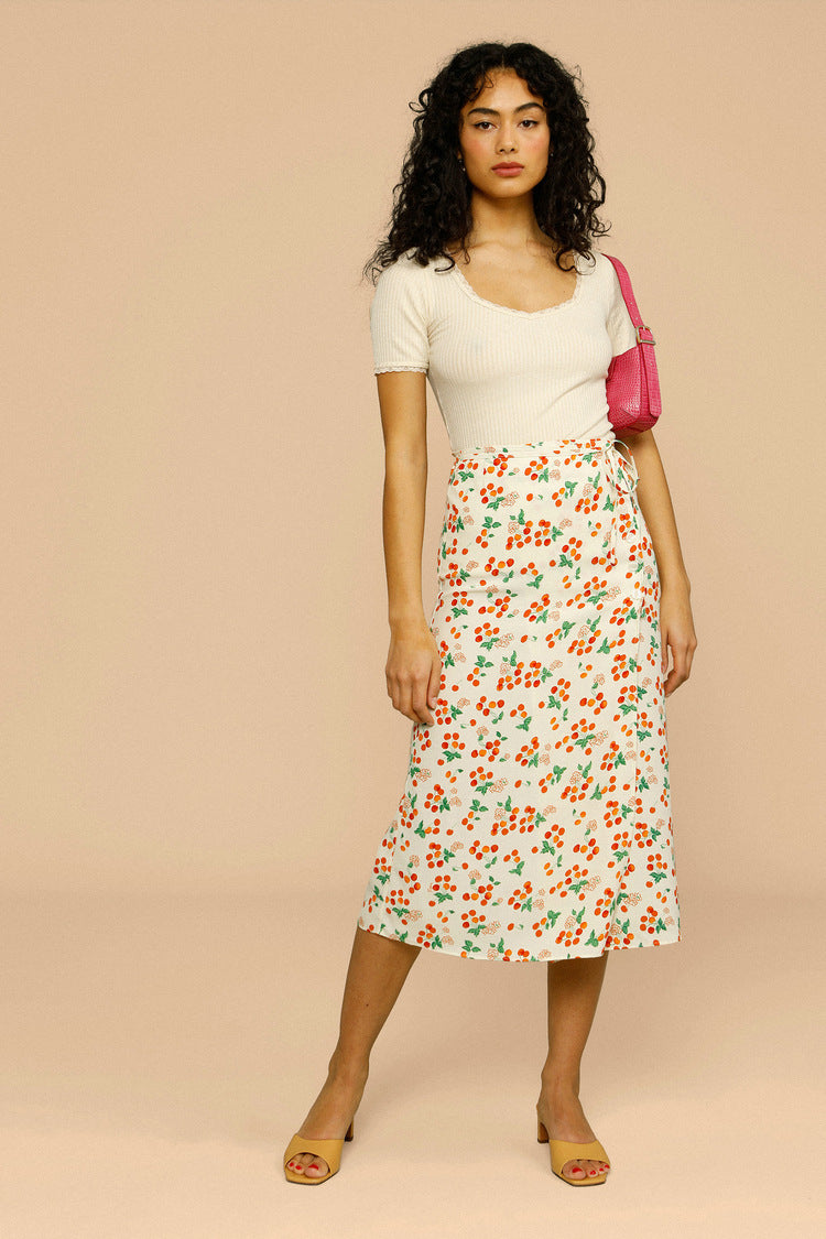 Silk Print Midi Skirt Red