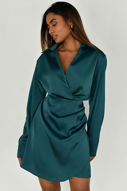 Collared Deep V Ruched Wrap Satin Long Cuff Sleeve Mini Dress