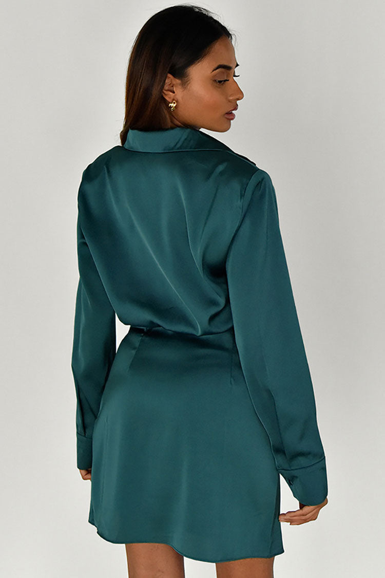 Collared Deep V Ruched Wrap Satin Long Cuff Sleeve Mini Dress