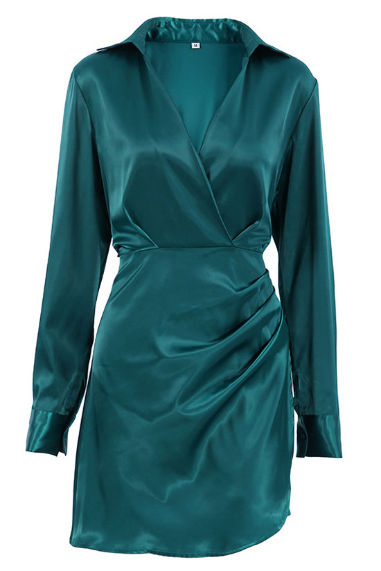 Collared Deep V Ruched Wrap Satin Long Cuff Sleeve Mini Dress