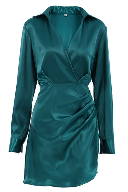 Collared Deep V Ruched Wrap Satin Long Cuff Sleeve Mini Dress