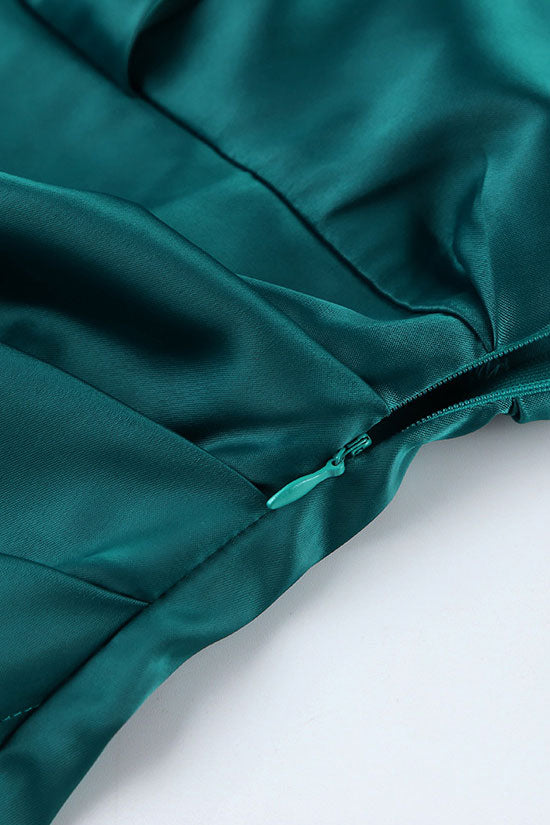Collared Deep V Ruched Wrap Satin Long Cuff Sleeve Mini Dress