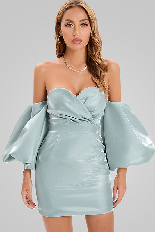 Satin Off-Shoulder Puff Sleeve Sweetheart Wrap Bodice Belted Mini Dress