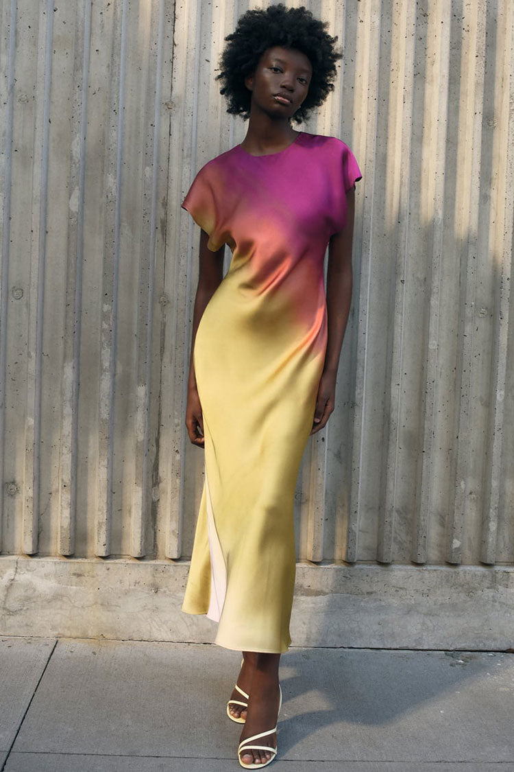 Round Neck Cap Sleeve Ombre Gradient Bias Cut Slit Midi Dress