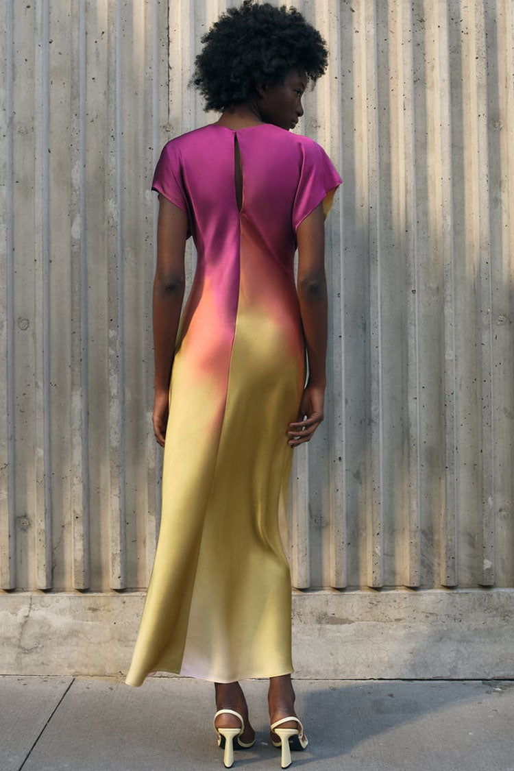 Round Neck Cap Sleeve Ombre Gradient Bias Cut Slit Midi Dress