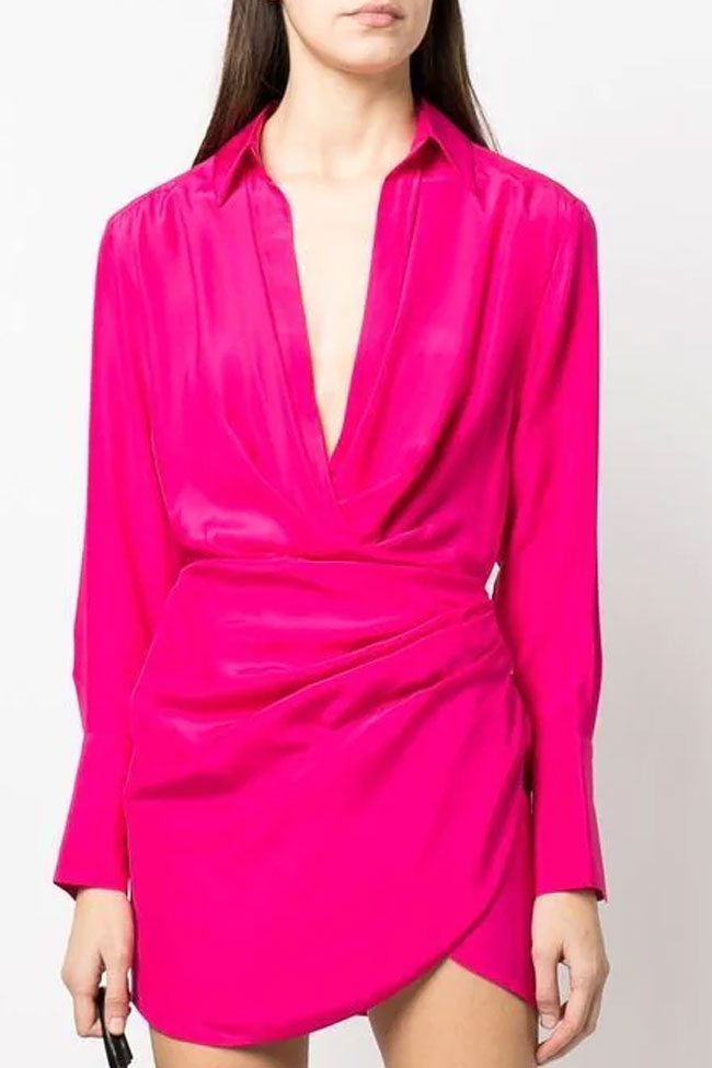 Collared Wrap Surplice Draped Cuff Long Sleeve Shirt Mini Dress