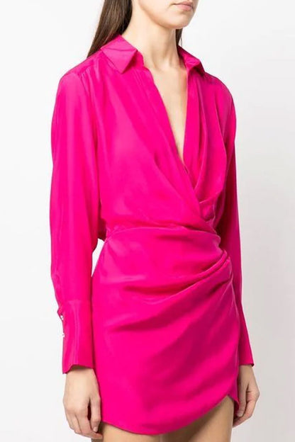 Collared Wrap Surplice Draped Cuff Long Sleeve Shirt Mini Dress