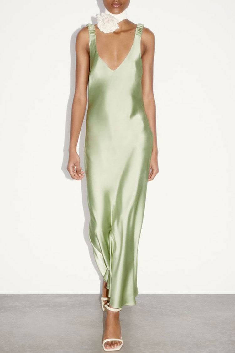 Deep V-Neck Ruched Strap Satin Bias Cut Slip Maxi Dress