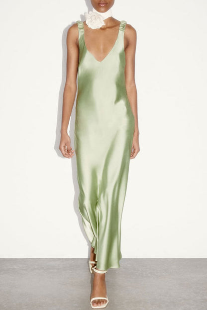Deep V-Neck Ruched Strap Satin Bias Cut Slip Maxi Dress