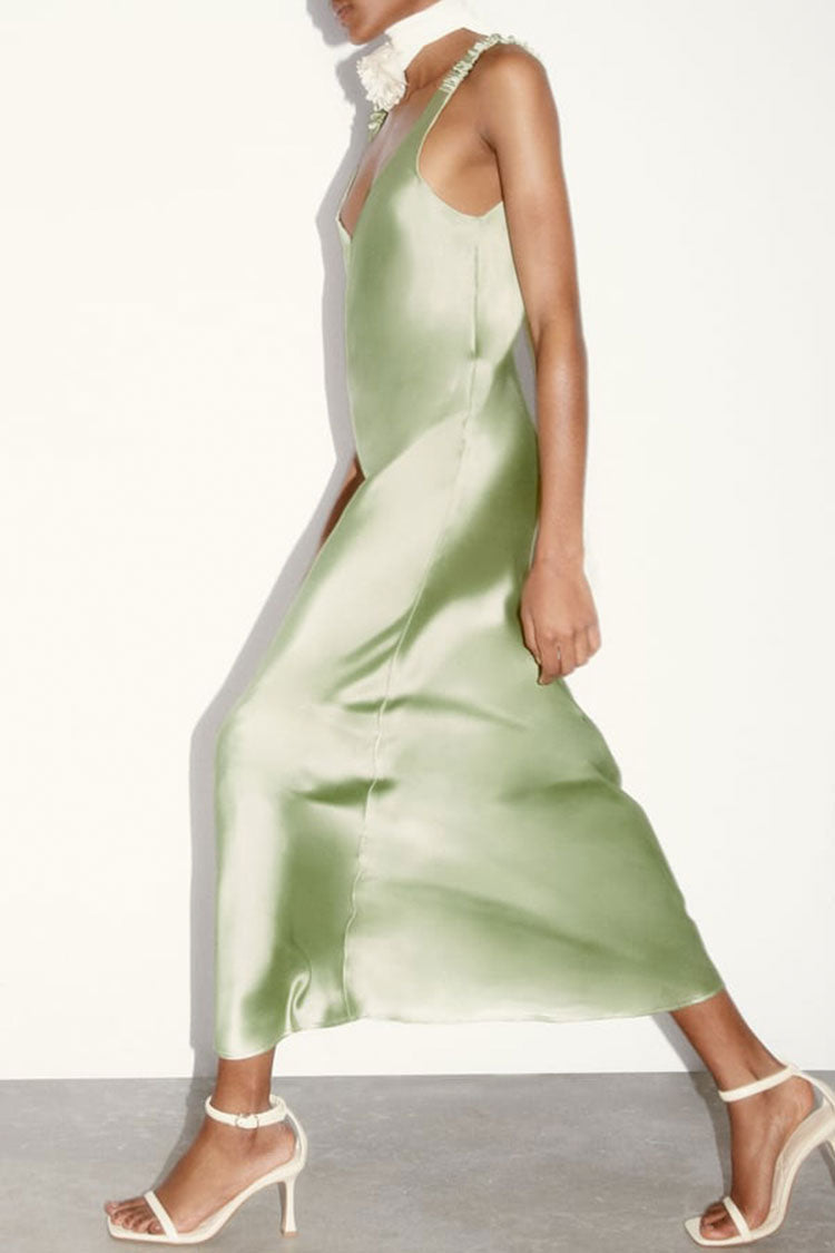 Deep V-Neck Ruched Strap Satin Bias Cut Slip Maxi Dress