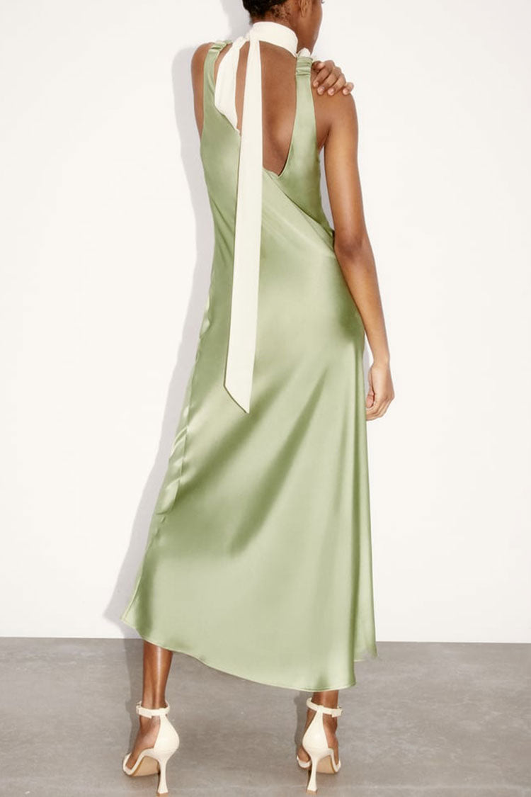 Deep V-Neck Ruched Strap Satin Bias Cut Slip Maxi Dress