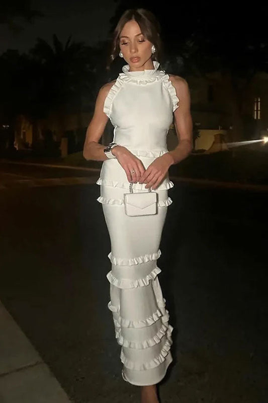 Mock Neck Sleeveless Tiered Ruffle Mermaid Maxi Dress