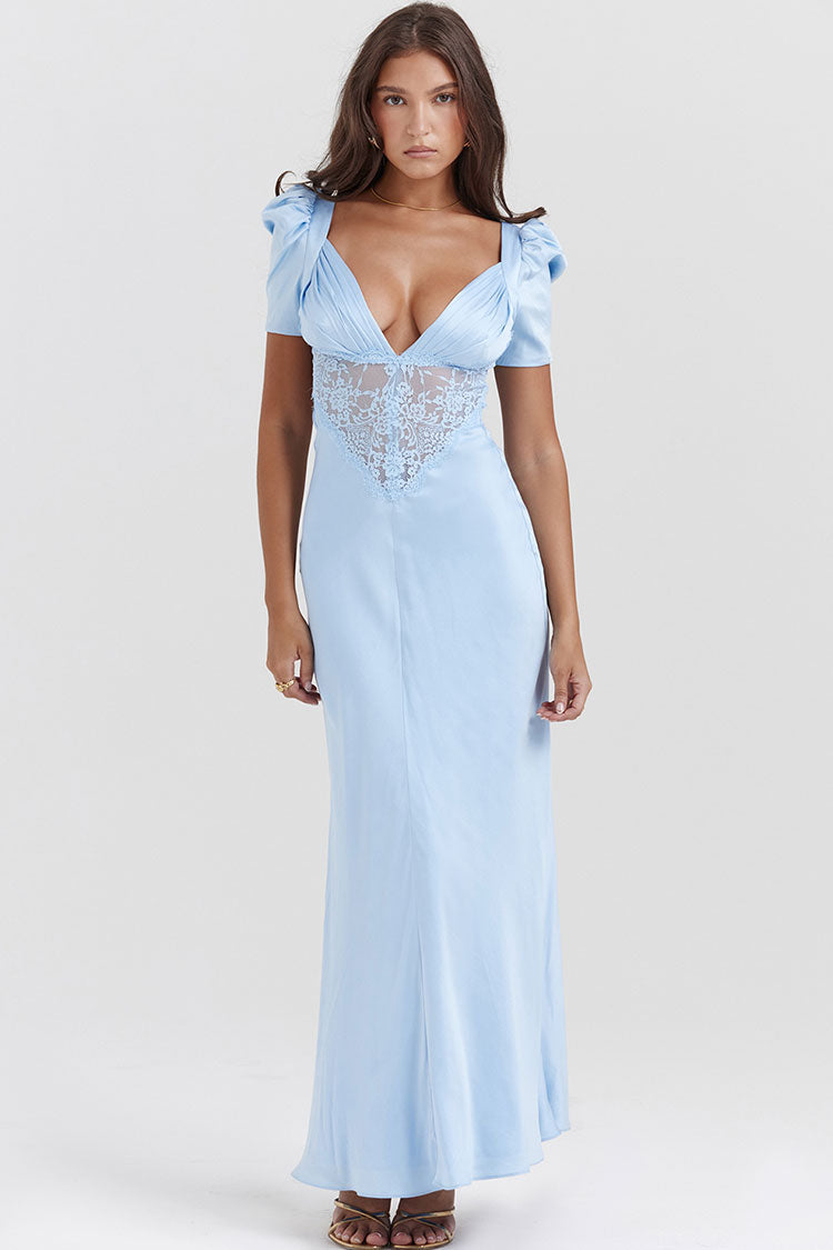 Satin Pleated Deep V-Neck Puff Sleeve Lace Panel Fishtail Maxi Gown