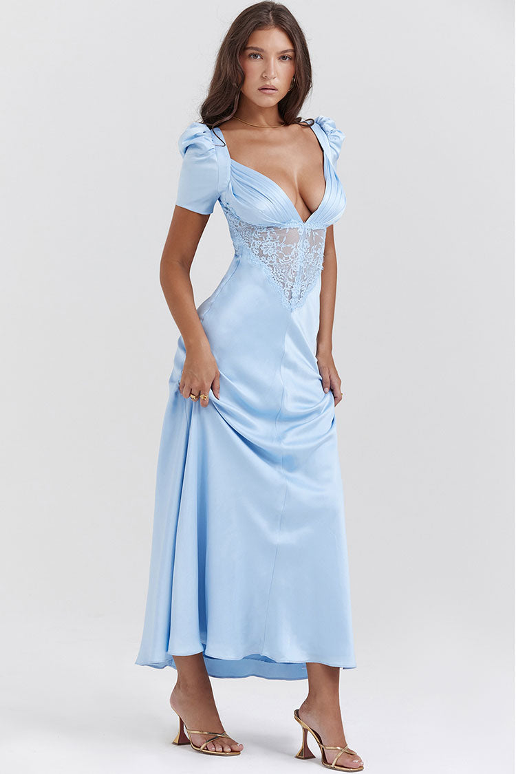 Satin Pleated Deep V-Neck Puff Sleeve Lace Panel Fishtail Maxi Gown