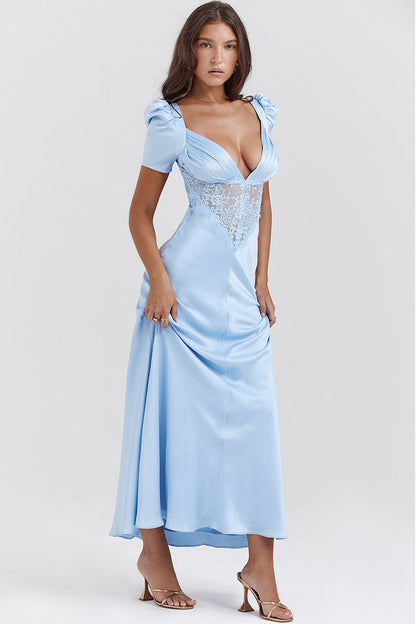 Satin Pleated Deep V-Neck Puff Sleeve Lace Panel Fishtail Maxi Gown