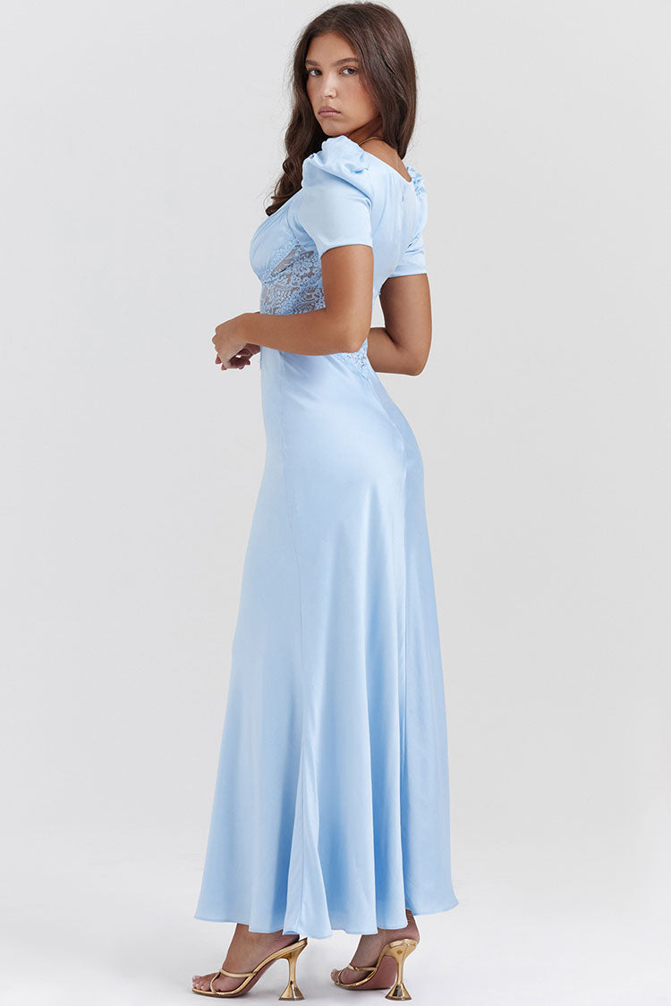 Satin Pleated Deep V-Neck Puff Sleeve Lace Panel Fishtail Maxi Gown