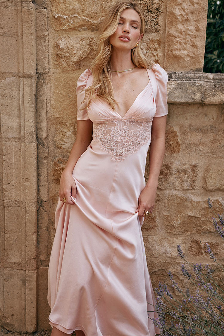 Satin Pleated Deep V-Neck Puff Sleeve Lace Panel Fishtail Maxi Gown