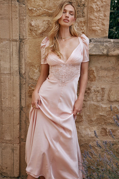 Satin Pleated Deep V-Neck Puff Sleeve Lace Panel Fishtail Maxi Gown