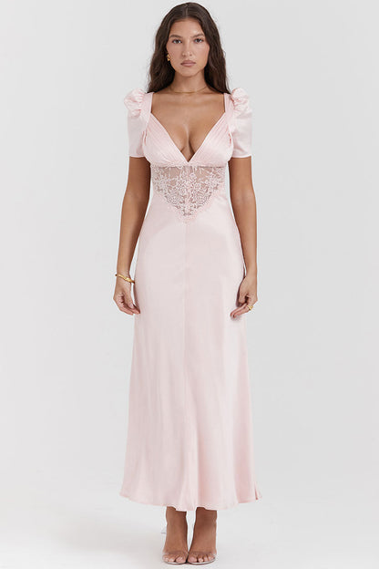 Satin Pleated Deep V-Neck Puff Sleeve Lace Panel Fishtail Maxi Gown