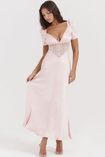 Satin Pleated Deep V-Neck Puff Sleeve Lace Panel Fishtail Maxi Gown