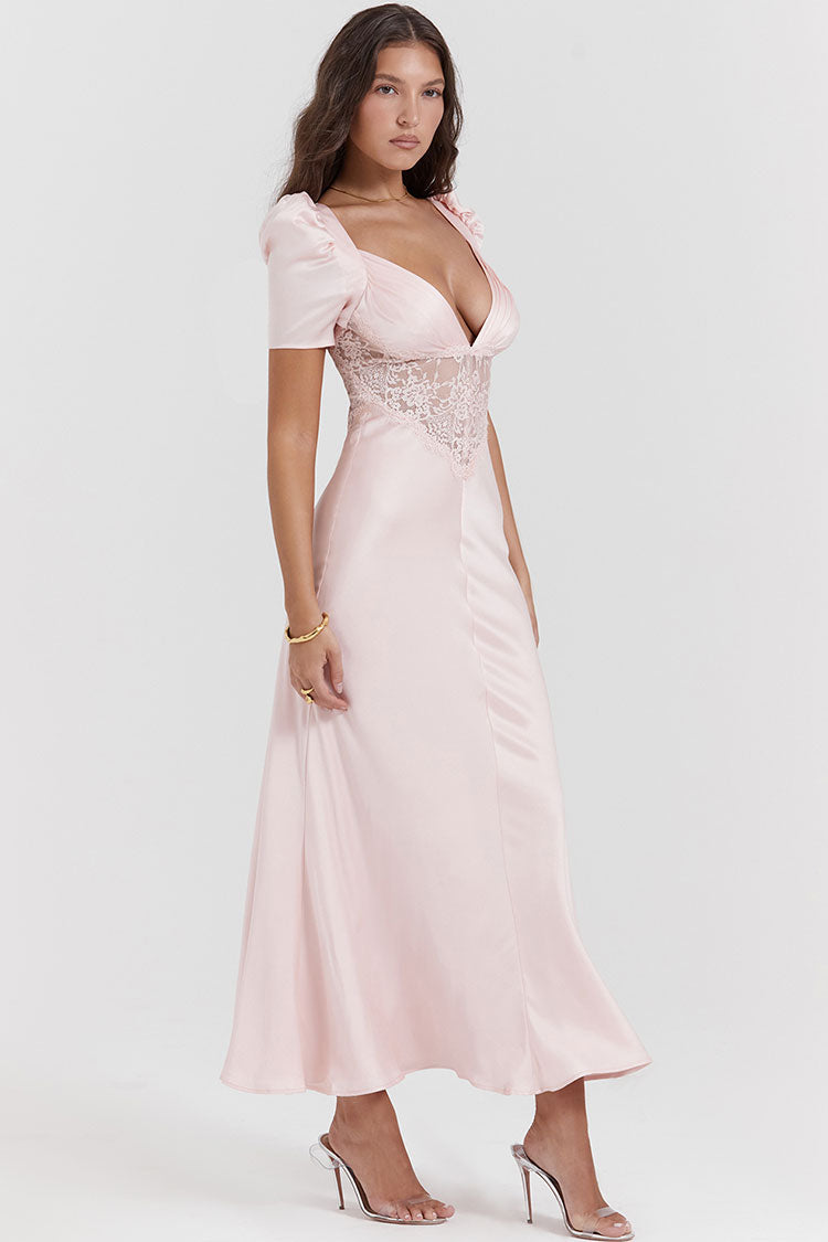 Satin Pleated Deep V-Neck Puff Sleeve Lace Panel Fishtail Maxi Gown